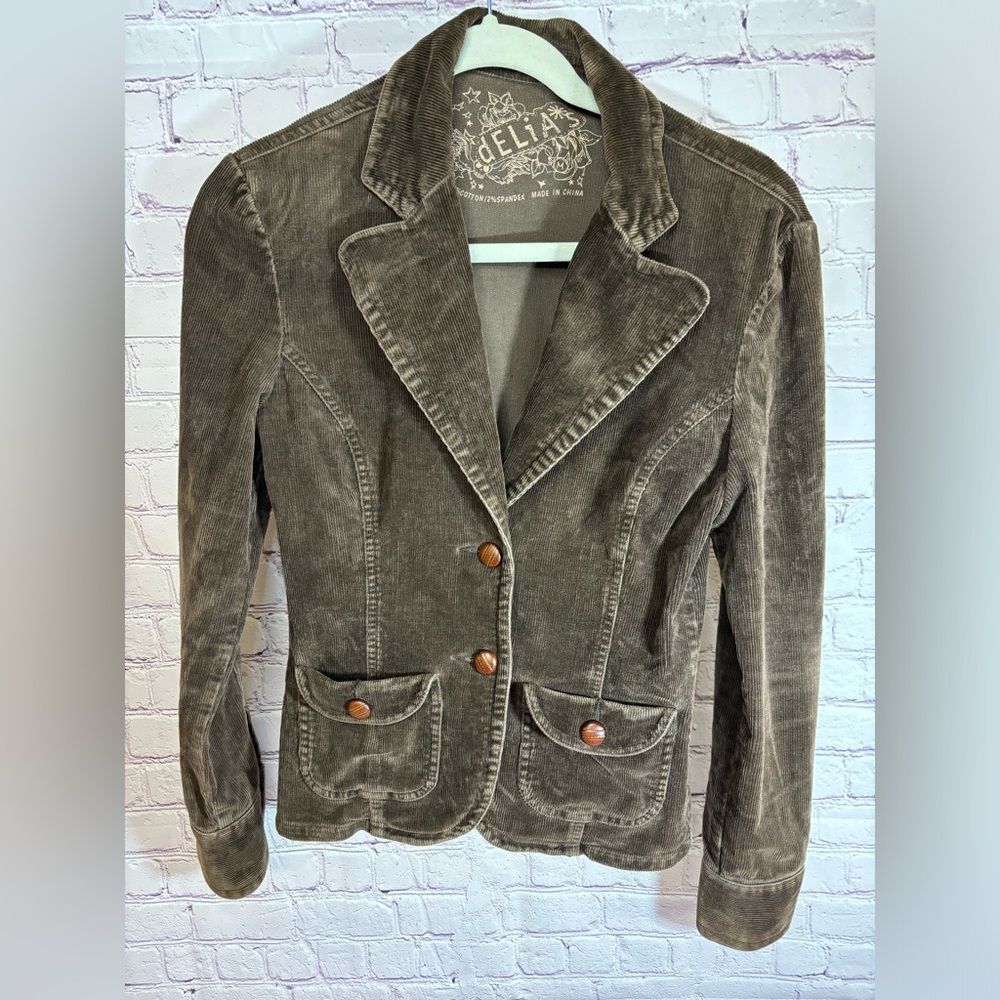 Delias Retro 90s Mocha Brown Corduroy Dark Academia Cropped Fitted Jacket Size M